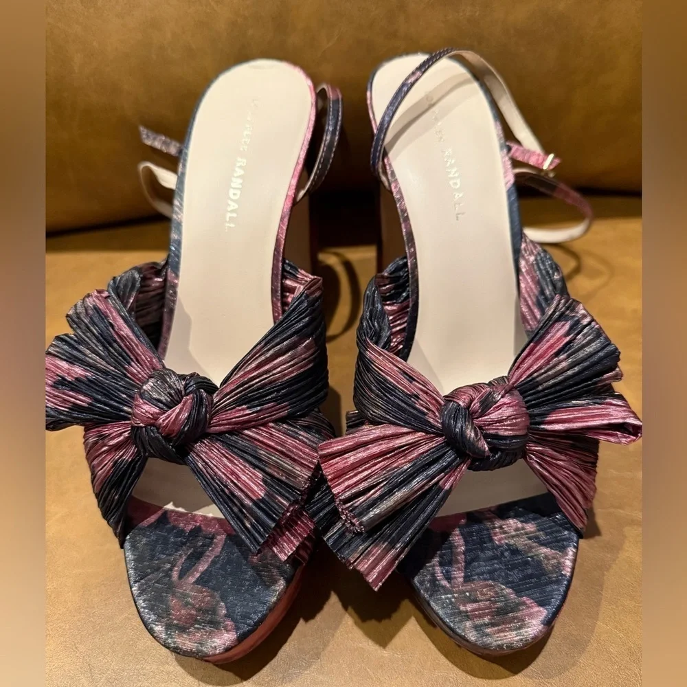 Loeffler Randall ✿ Natalia Pleated Knot Platform Heel Sandal ✿ Metal Floral 9.5